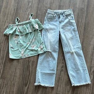 YMI Women's Classic Denim Boyfriend Jeans - Light Blue w/ Floral Top